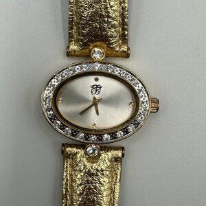 Elizabeth Taylor Watch Women Gold Tone Metallic Faux Leather Band New Battery